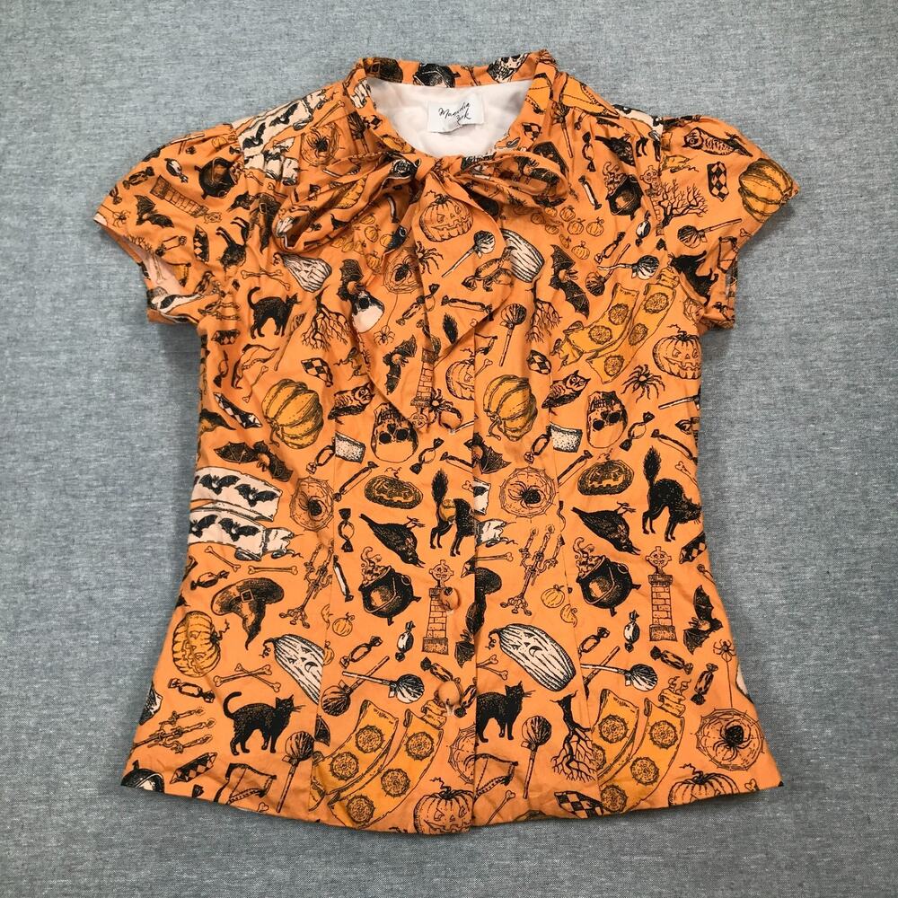 Unique Vintage Magnolia Park Small Button Up Bow Blouse Halloween Cat Skull Bat